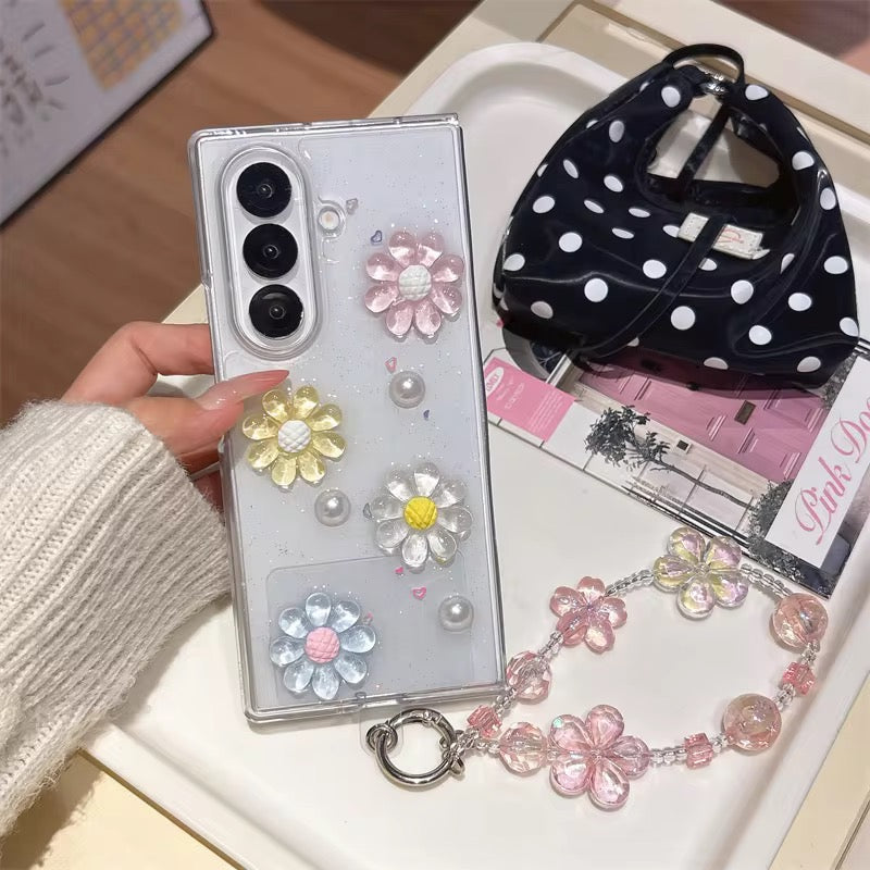 3D Cute Pearl Flower Lanyard Bracelet Chain Samsung Z Flip Fold