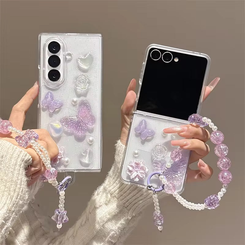 3D Purple Pearl Butterfly Lanyard Bracelet Chain Samsung Z Flip Fold Pre-Order Case