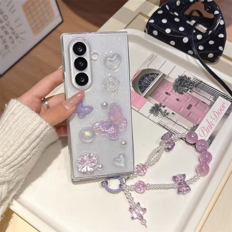 3D Purple Pearl Butterfly Lanyard Bracelet Chain Samsung Z Flip Fold Pre-Order Case