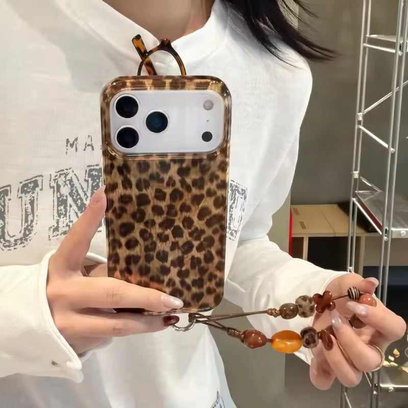 Brown Yellow Leopard Print iPhone Pre-Order Case With Bracelet Chain Charm