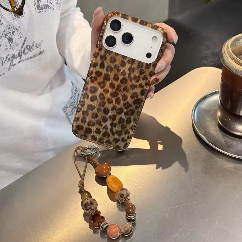 Brown Yellow Leopard Print iPhone Pre-Order Case With Bracelet Chain Charm