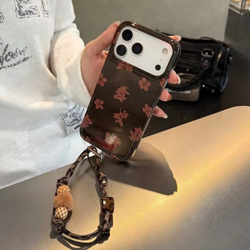 Autumn Winter Brown Floral iPhone Pre-Order Case With Bracelet Chain Charm
