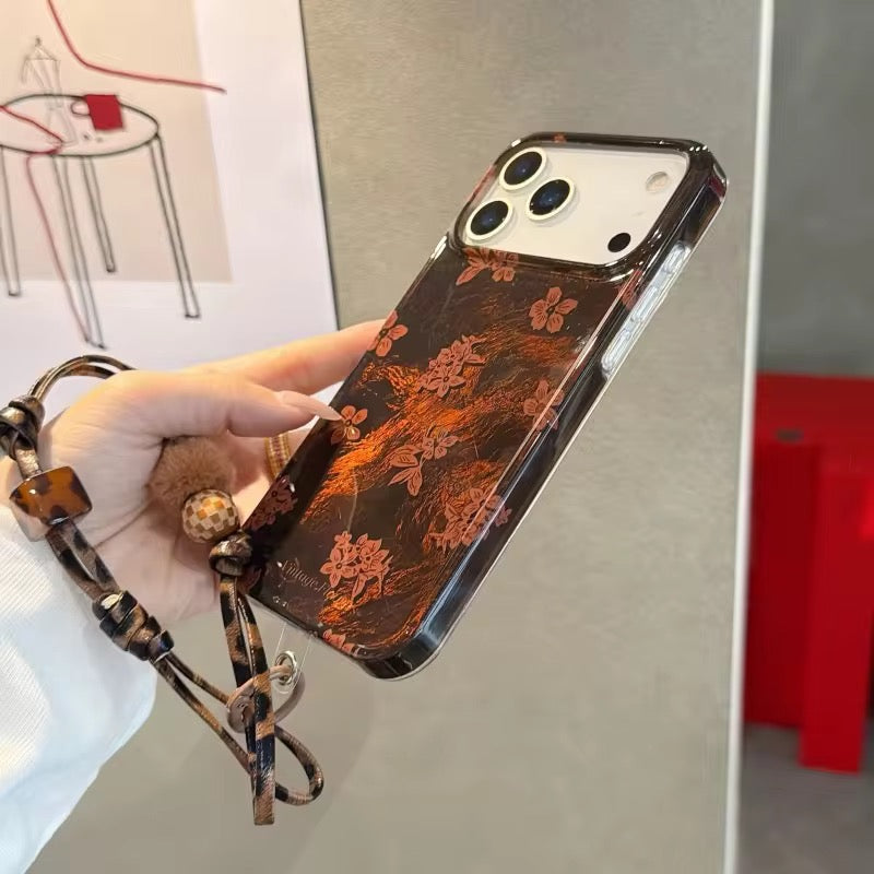 Autumn Winter Brown Floral iPhone Pre-Order Case With Bracelet Chain Charm