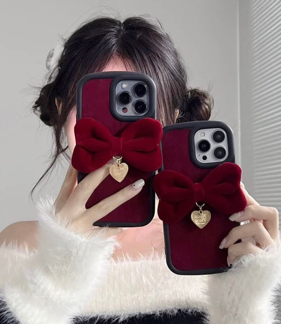 Red Velvet Bow Winter Fabric Silicone Rubber iPhone Case