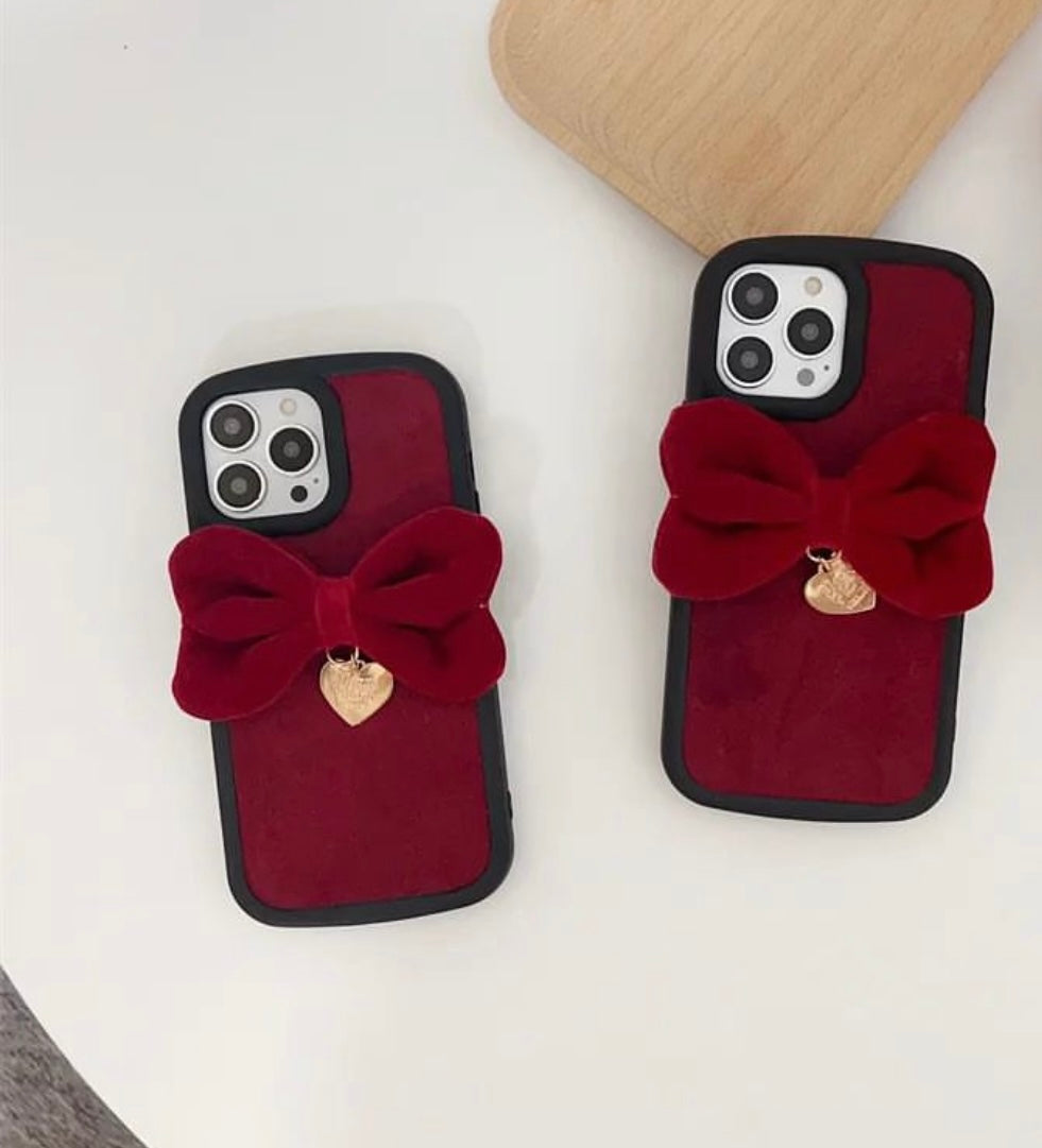 Red Velvet Bow Winter Fabric Silicone Rubber iPhone Case