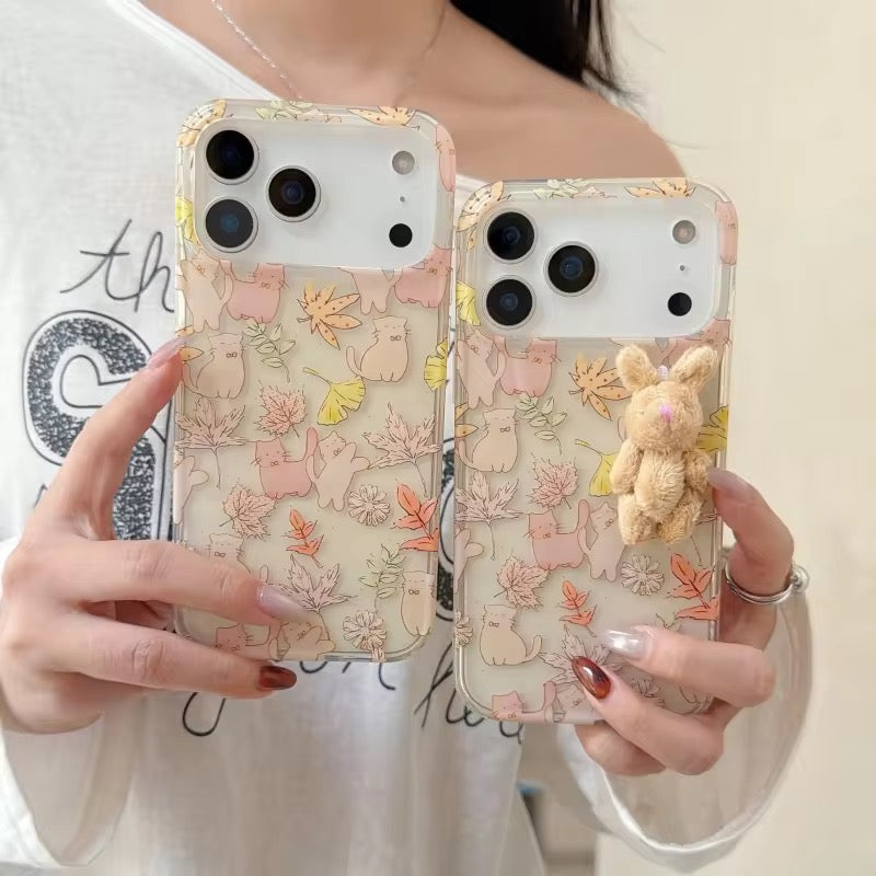 Cute Maple Leaf Cat With 3D Fur Bunny iPhone Pre-Order Soft Transparent Case