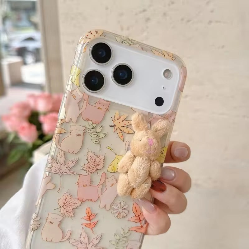 Cute Maple Leaf Cat With 3D Fur Bunny iPhone Pre-Order Soft Transparent Case