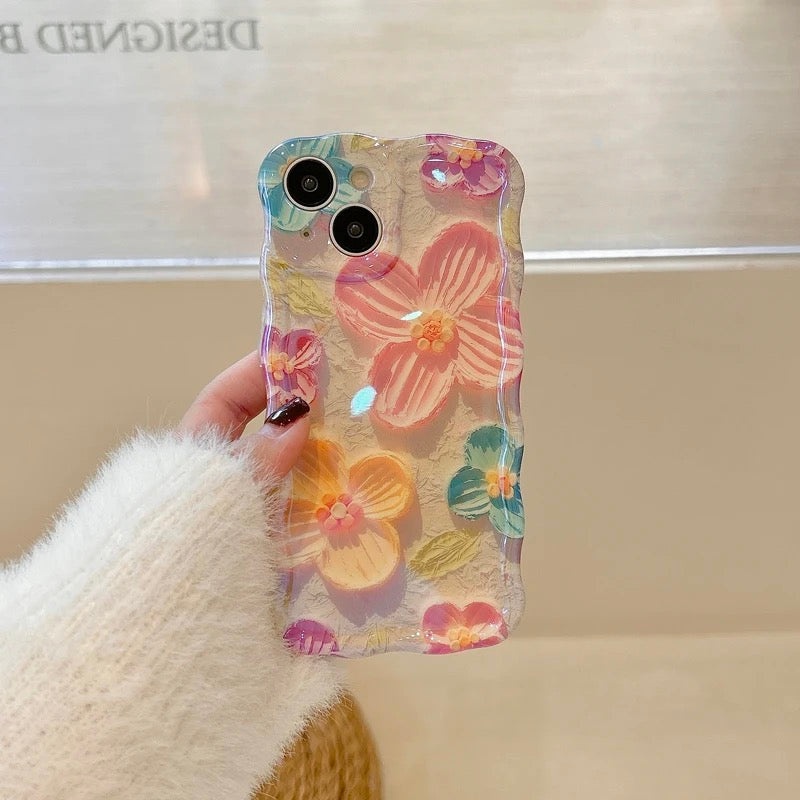 3D Wavy Border Floral Flower Holographic Soft Silicone iPhone Case