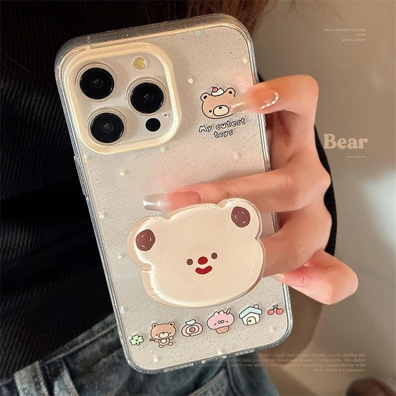 Cute Bling Glitter Transparent Bear Phone Holder iPhone Case