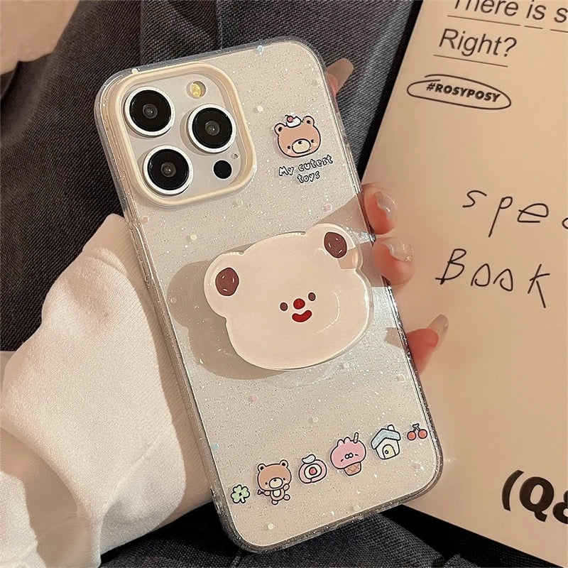 Cute Bling Glitter Transparent Bear Phone Holder iPhone Case