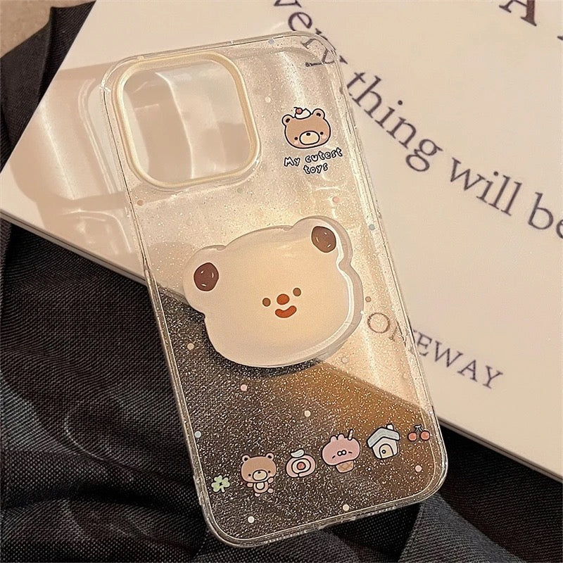 Cute Bling Glitter Transparent Bear Phone Holder iPhone Case