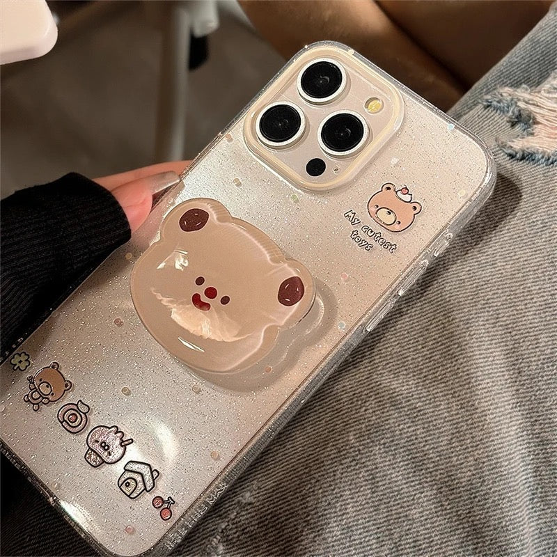 Cute Bling Glitter Transparent Bear Phone Holder iPhone Case