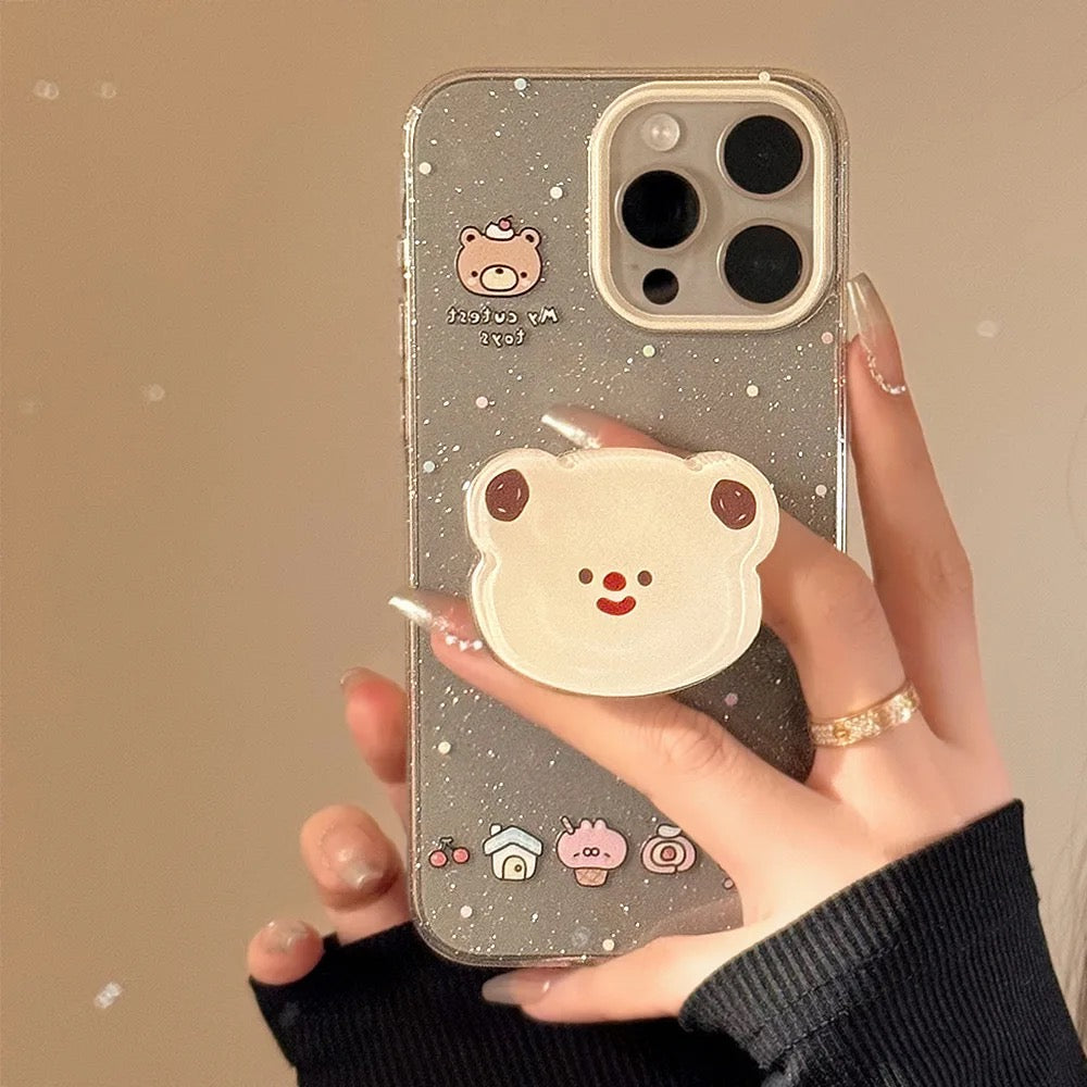 Cute Bling Glitter Transparent Bear Phone Holder iPhone Case