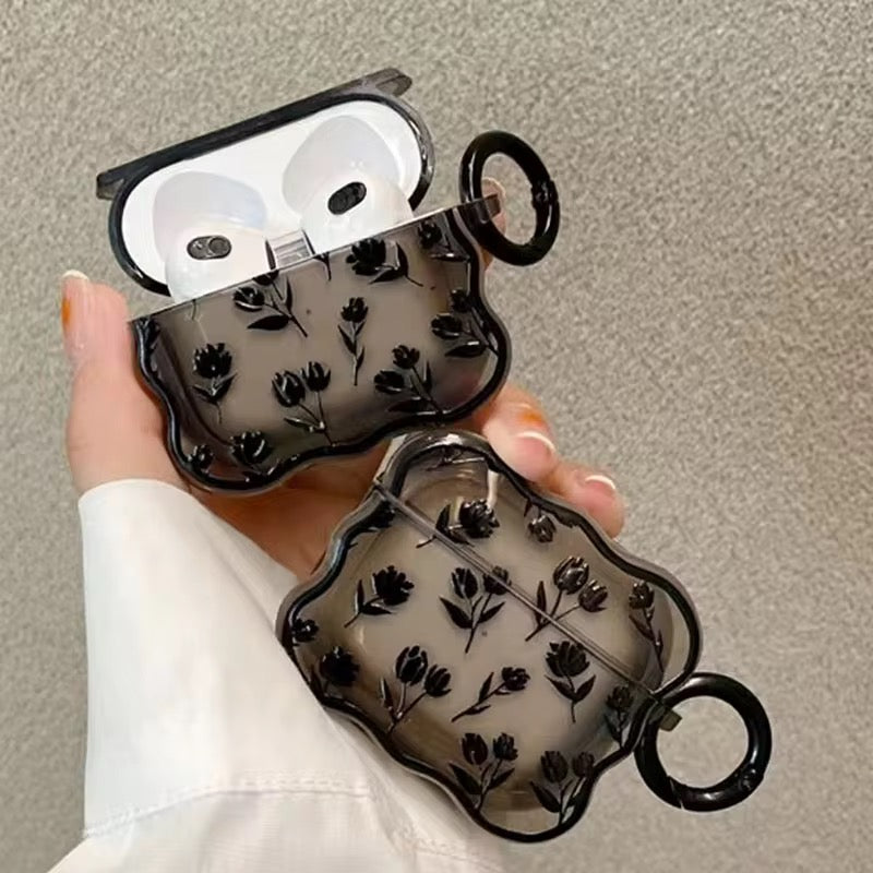 3D Black Floral Silicone Airpod Case With Ring Hanging