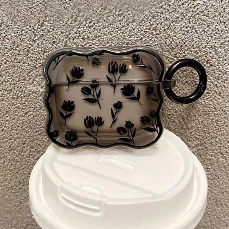 3D Black Floral Silicone Airpod Case With Ring Hanging
