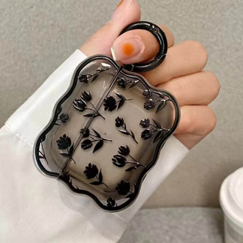 3D Black Floral Silicone Airpod Case With Ring Hanging