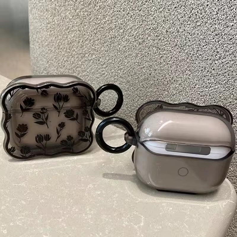 3D Black Floral Silicone Airpod Case With Ring Hanging