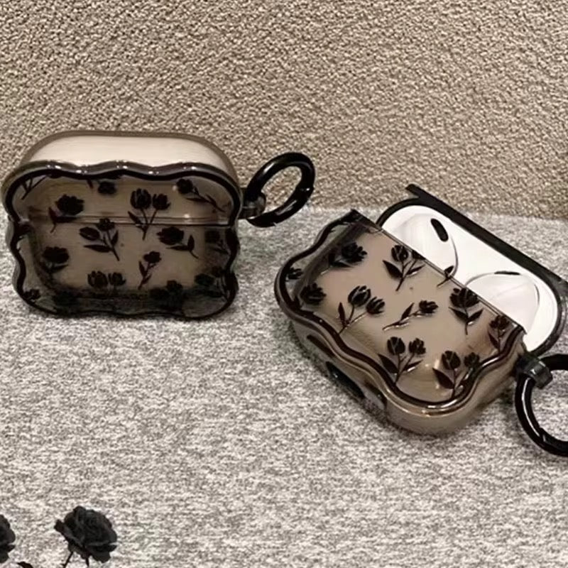 3D Black Floral Silicone Airpod Case With Ring Hanging