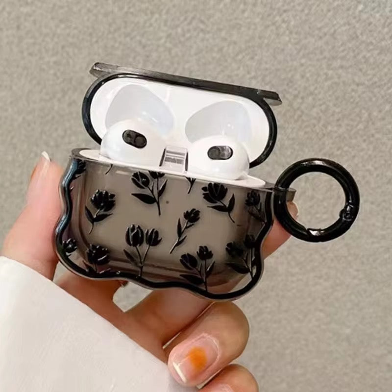 3D Black Floral Silicone Airpod Case With Ring Hanging
