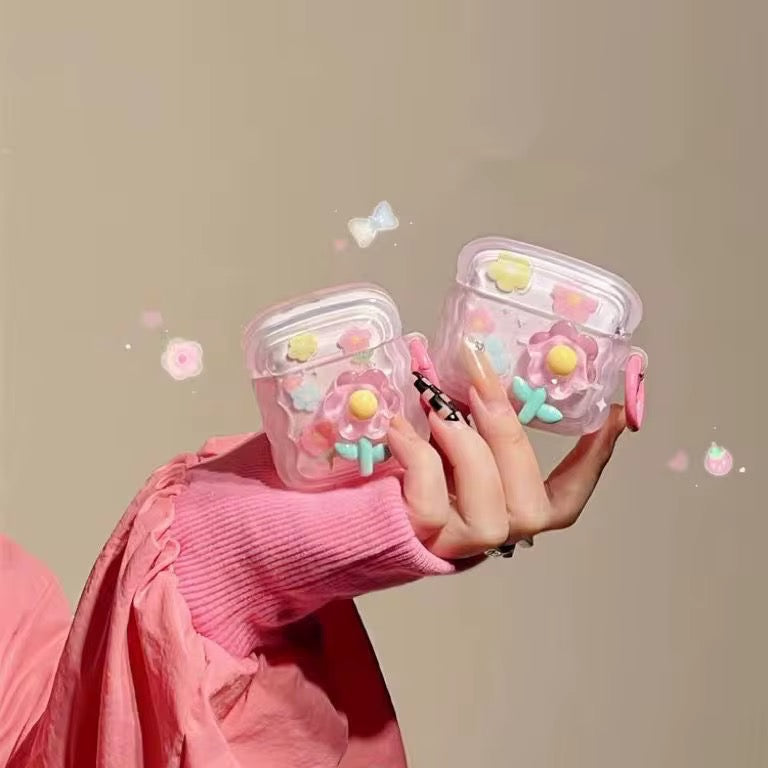 3D Floral Studded Cute Airpod Case With Hanging