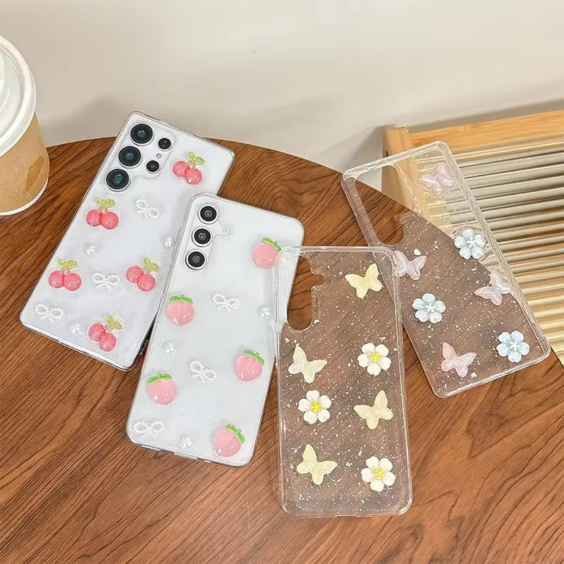 Samsung 3D Cherry Butterfly Flower Crsytal Glitter Transparent Pre-Order Soft Silicone Case