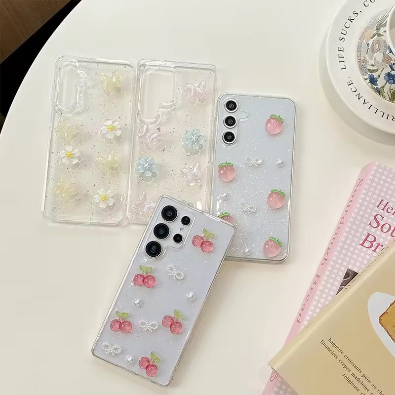 Samsung 3D Cherry Butterfly Flower Crsytal Glitter Transparent Pre-Order Soft Silicone Case