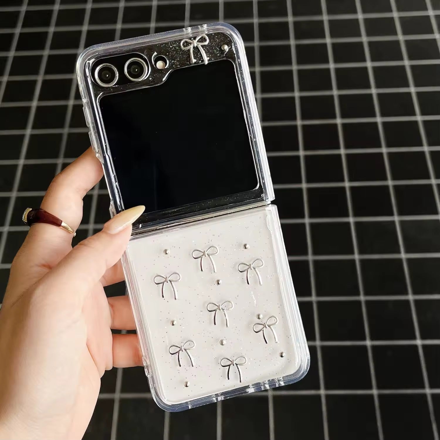 Samsung 3D Glitter Silver Bow Transparent Z Flip & Fold Case