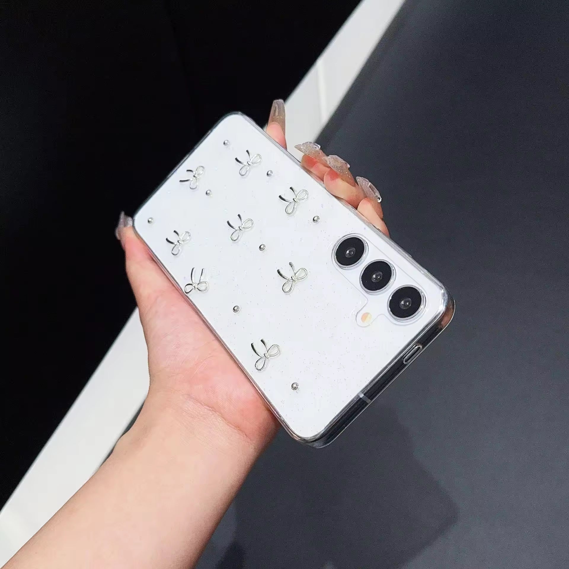 Samsung 3D Glitter Silver Bow Transparent S series Case