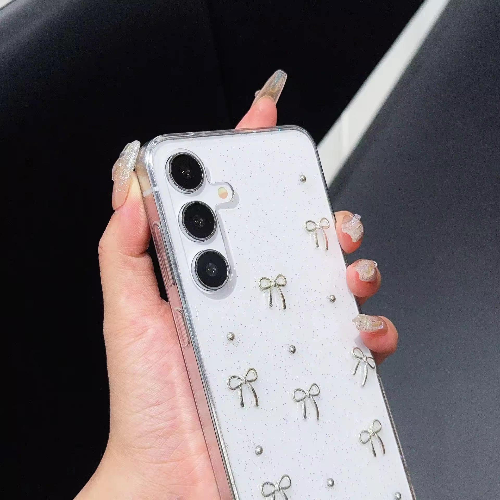 Samsung 3D Glitter Silver Bow Transparent S series Case