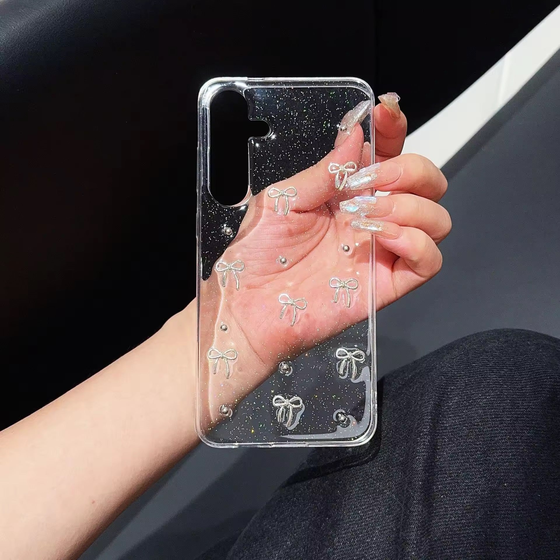 Samsung 3D Glitter Silver Bow Transparent S series Case