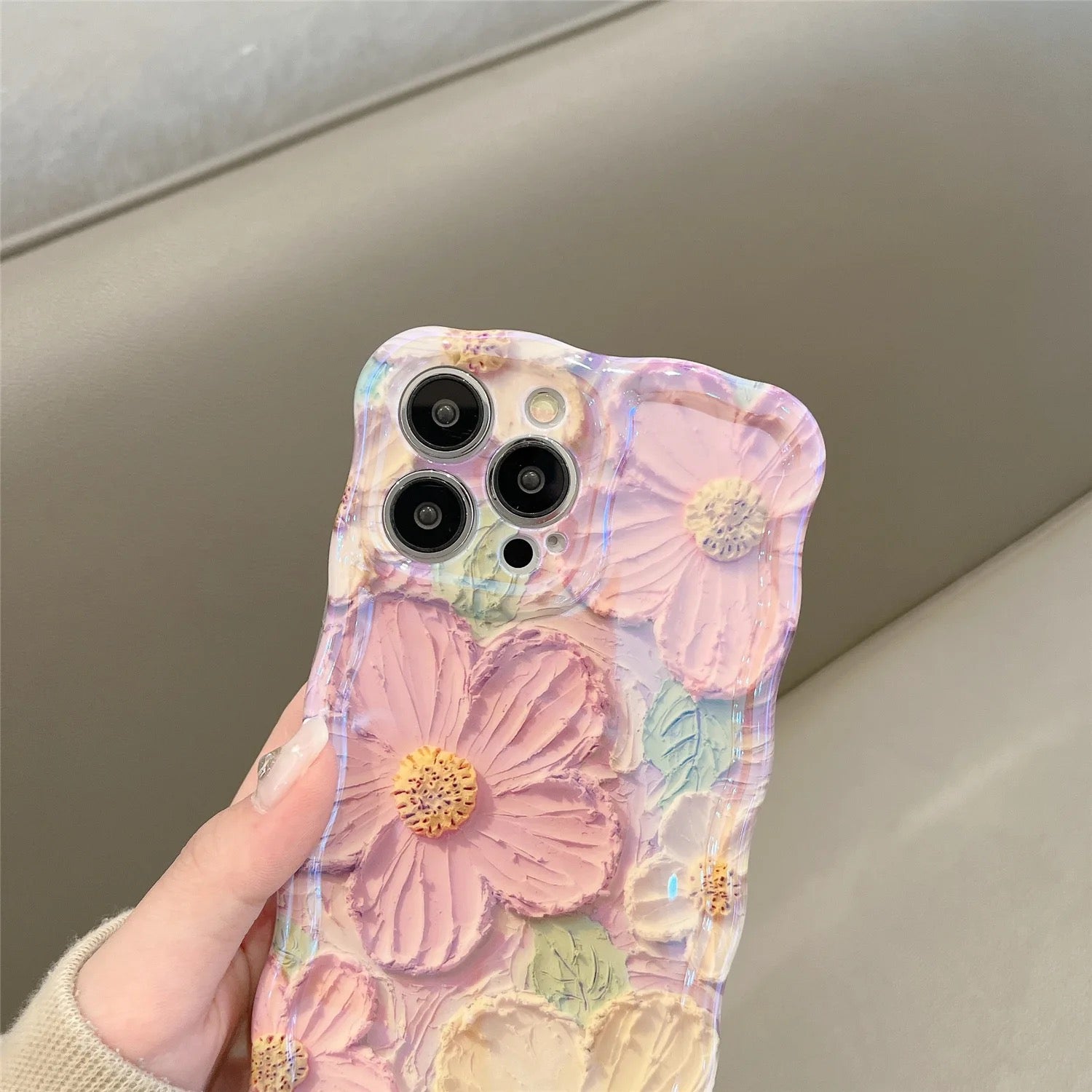 Purple Cute Floral Flowers Holographic iPhone Soft Silicone Case