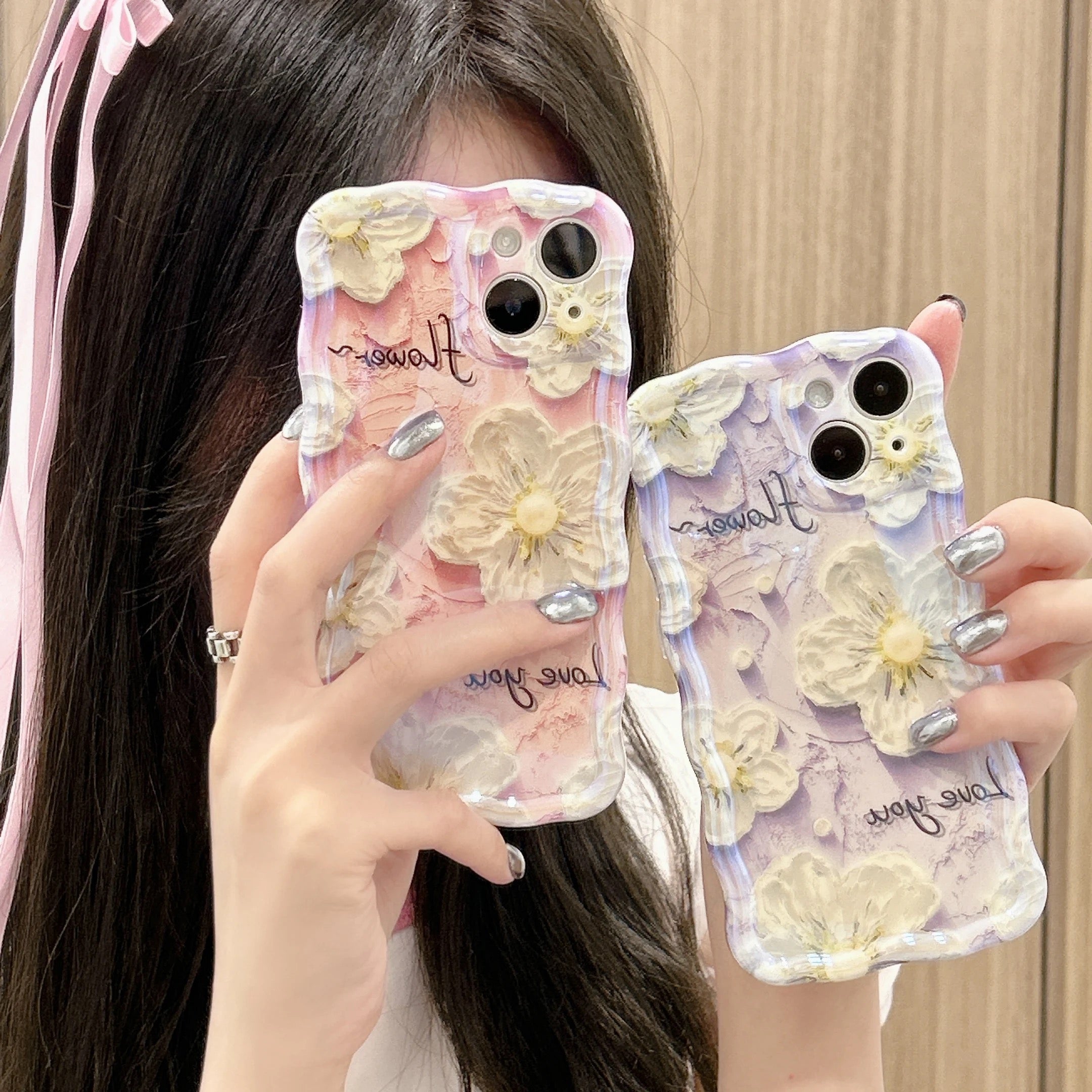 Purple White Daisy Floral Flowers Holographic iPhone Soft Silicone Case