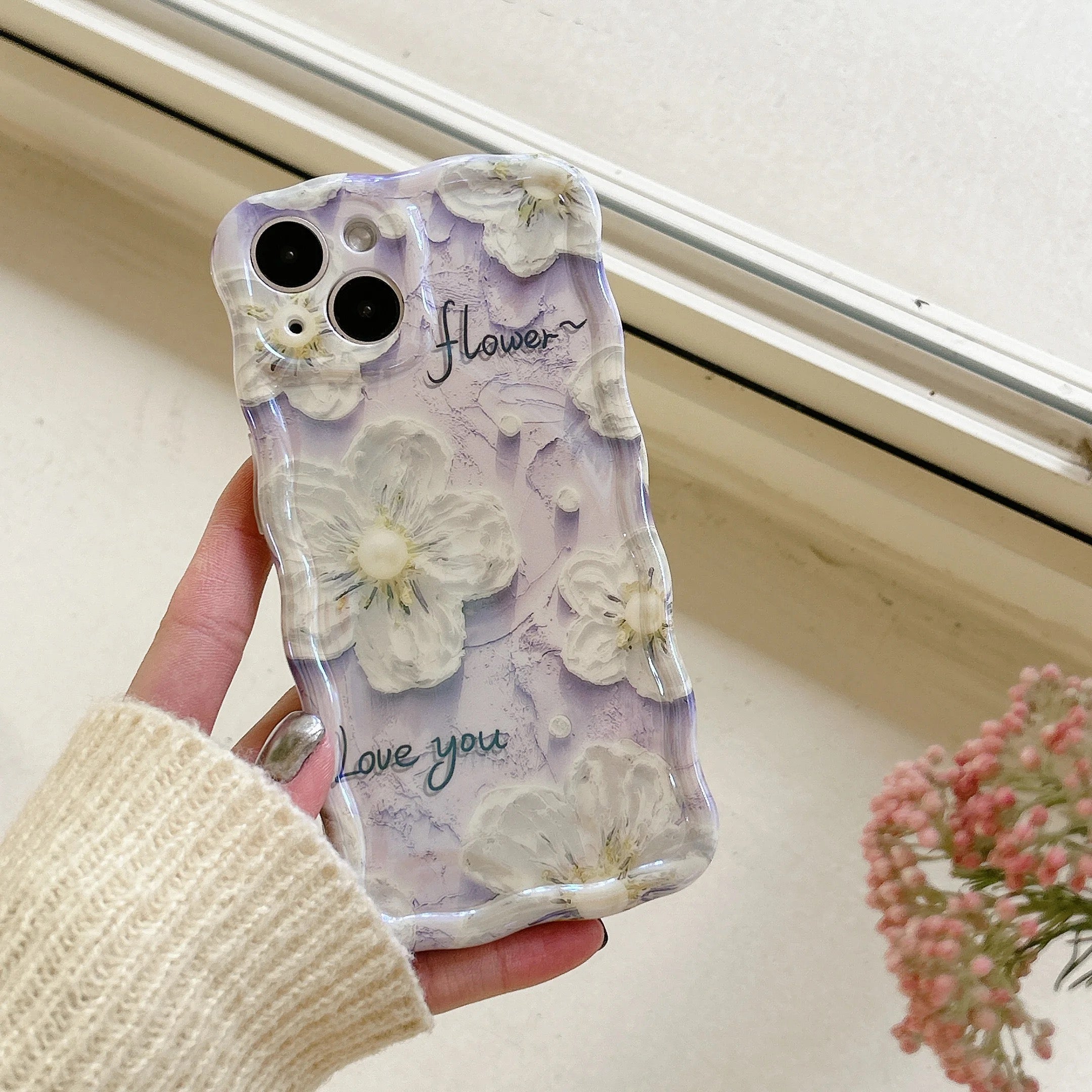 Purple White Daisy Floral Flowers Holographic iPhone Soft Silicone Case