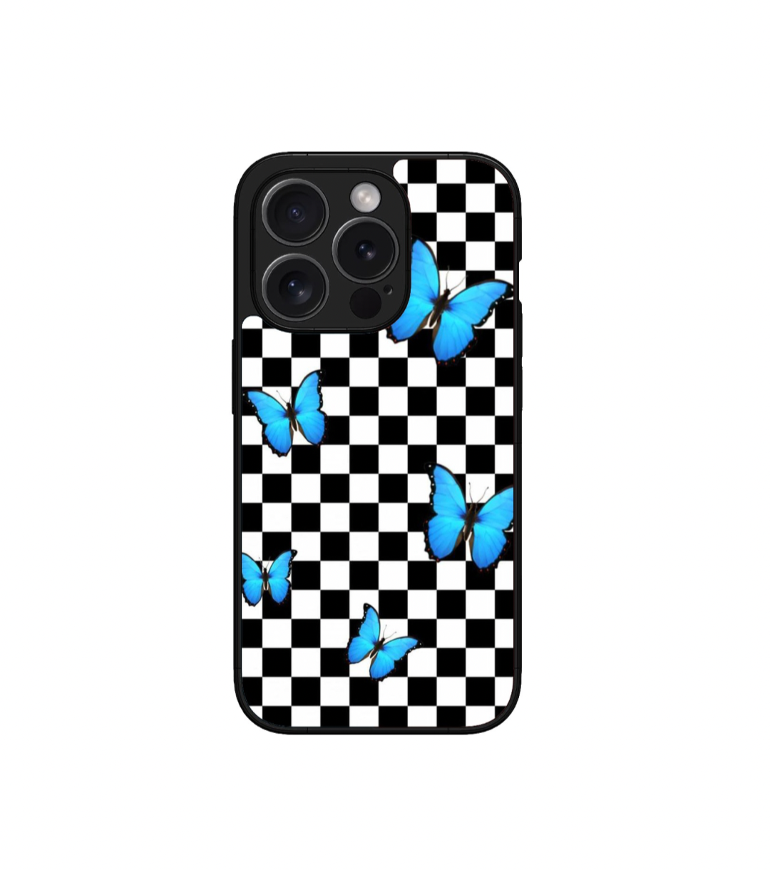 Checks Blue Butterfly Custom Glossy Metal Bumper Case