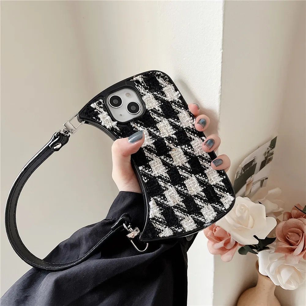 B/W iPhone Fabric Handbag Lanyard Silicone Case