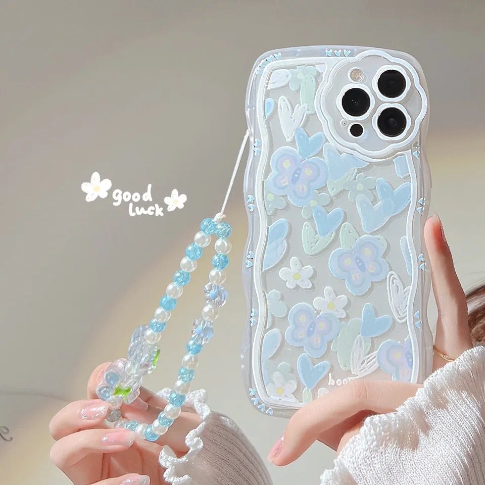 Cute Floral Butterfly Crystal Lanyard Charm Transparent iPhone Soft Case