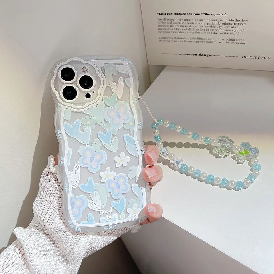 Cute Floral Butterfly Crystal Lanyard Charm Transparent iPhone Soft Case