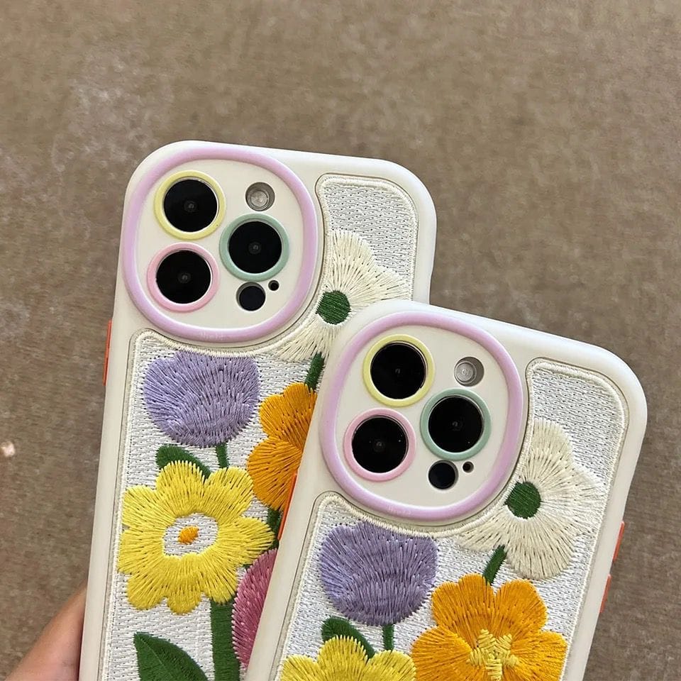 Cute Embroidery Fabric Floral iPhone Plush Silicone Case