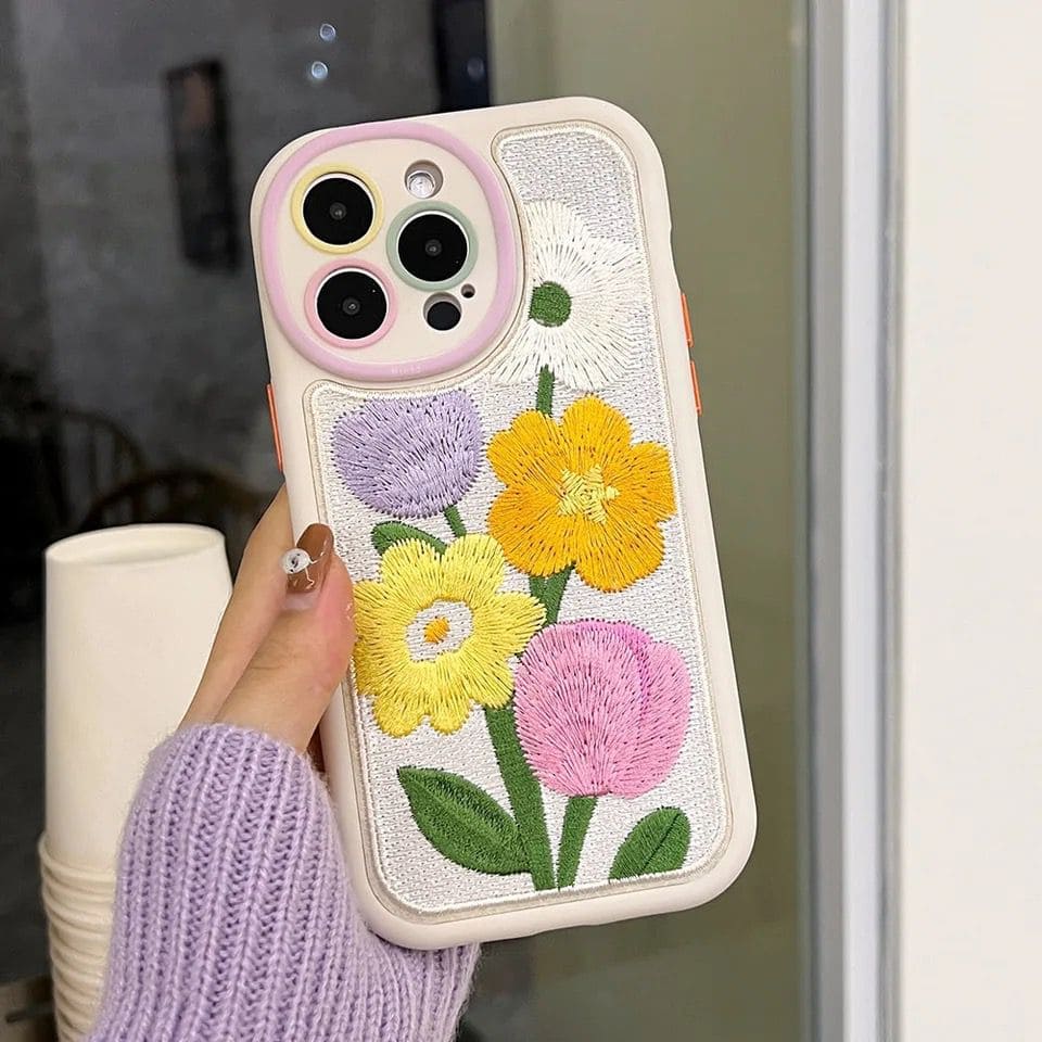 Cute Embroidery Fabric Floral iPhone Plush Silicone Case