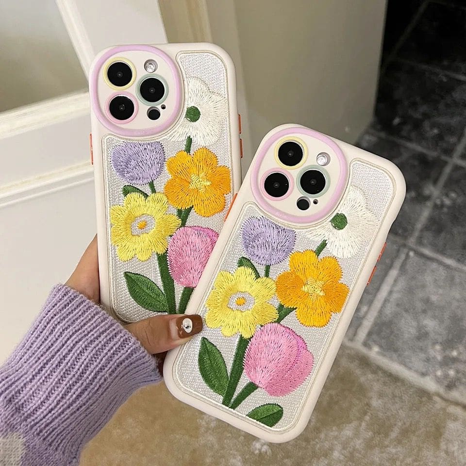 Cute Embroidery Fabric Floral iPhone Plush Silicone Case