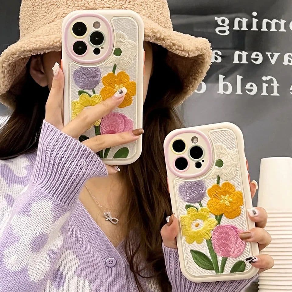 Cute Embroidery Fabric Floral iPhone Plush Silicone Case