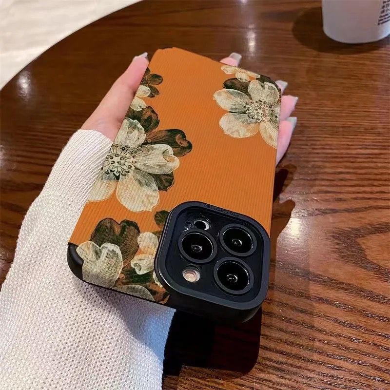 Orange Floral Flower iPhone Textured Silicone Case