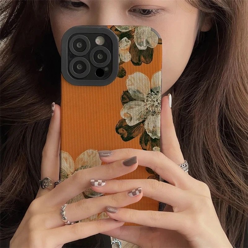 Orange Floral Flower iPhone Textured Silicone Case