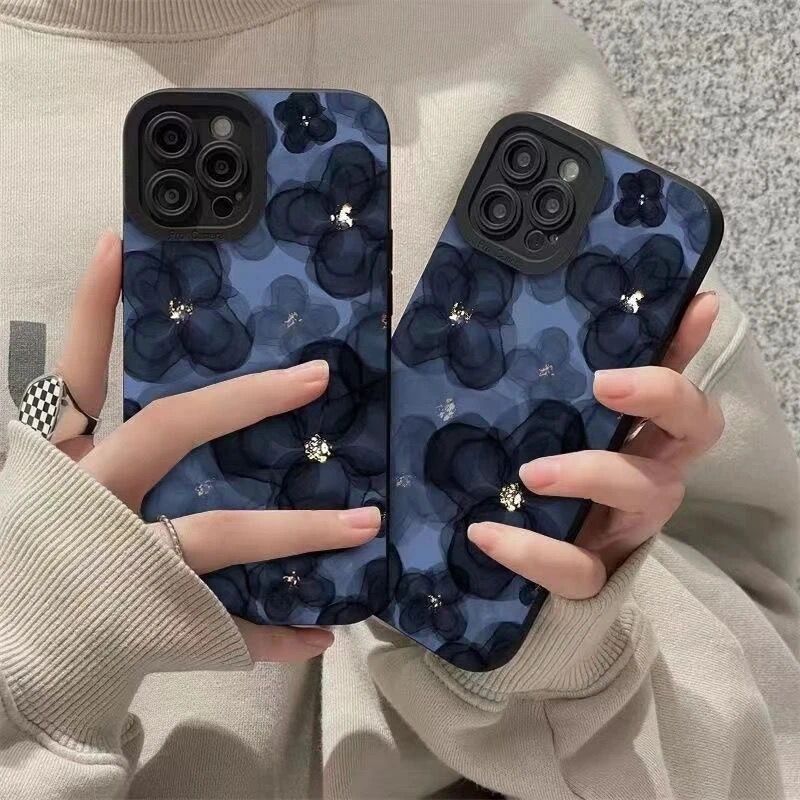 Samsung iPhone Big Dark Blue Floral Flowers Textured Silicone Cases