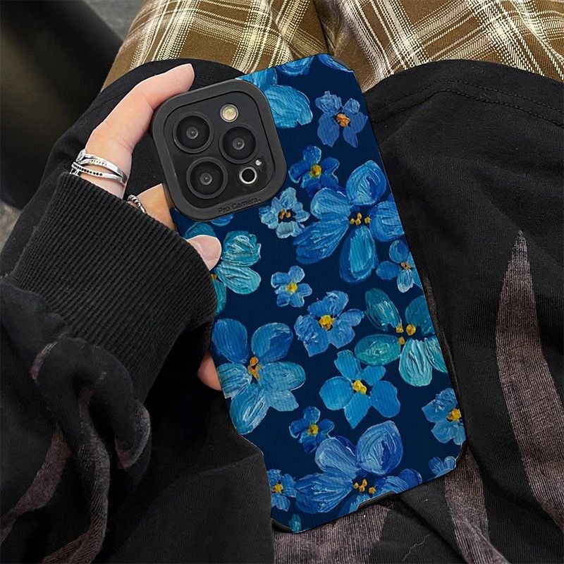 Dark Blue Floral  Flowers iPhone Textured Silicone Cases