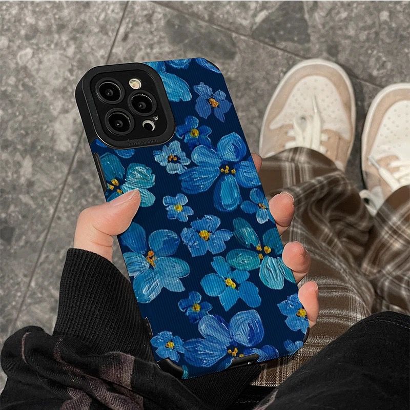 Dark Blue Floral  Flowers iPhone Textured Silicone Cases