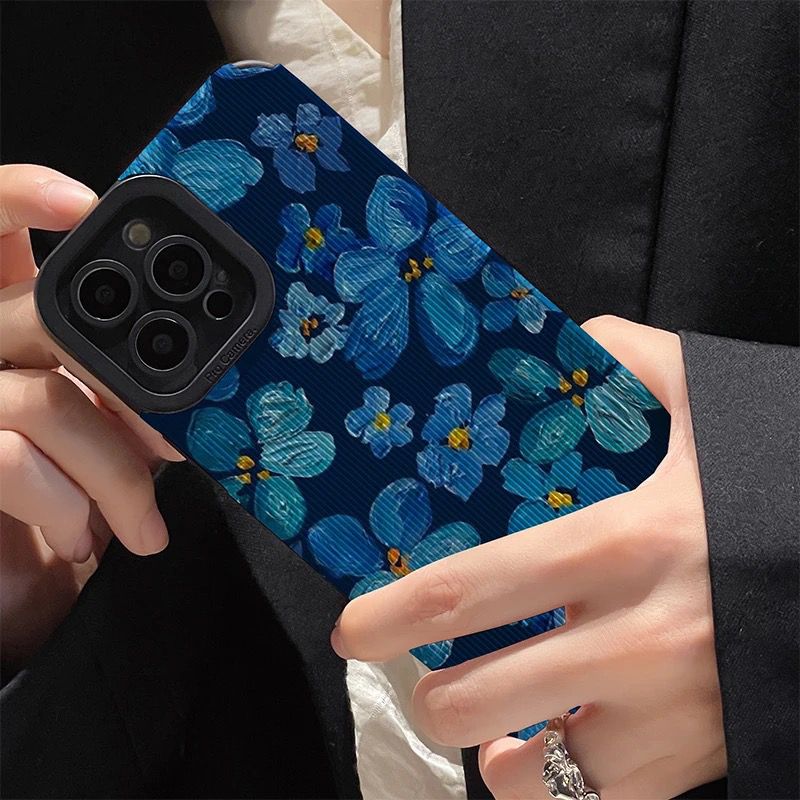 Dark Blue Floral  Flowers iPhone Textured Silicone Cases