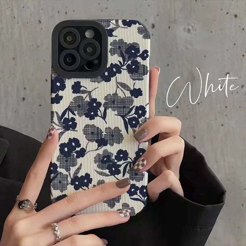 White Blue Floral Flowers iPhone Textured Silicone Case