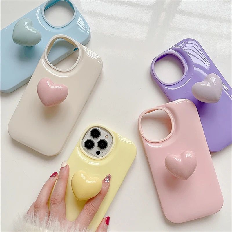 Cute Colorful Attached Heart Stand Holder Glossy iPhone Soft Case