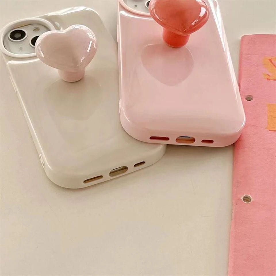 Softcase Peach Iphone Cute Colorful Attached Heart Stand Holder